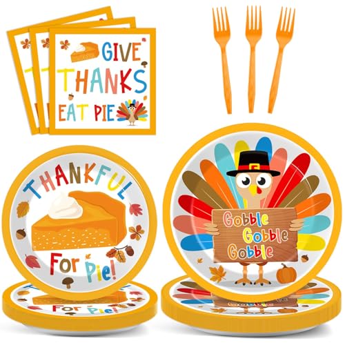 Chunnin 96 Stück Thanksgiving Party Pappteller und Servietten Türkei Partyzubehör Gobble Give Thanks Pie Einweggeschirr Set Dessert Geschirr Herbst Party Dekorationen für Kinder Tischdekoration von CHUNNIN