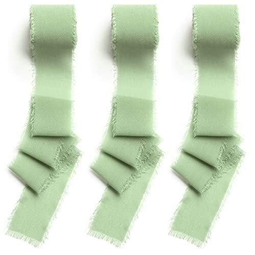 CHUQING 3 Rollen Geschenkband Hochzeit,Chiffonband-Fransen, Schleifenband Grün,Festival Bänder,Dekoband Fransenband für Blumenstrauß,Geschenke Verpackung,DIY Handwerk,Salbeigrün von CHUQING