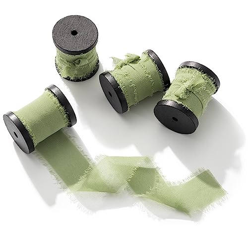 CHUQING Band Eukalyptus grün 4 Rollen Geschenkband Chiffon Schleifenband Fransen 38mm x 4,5 m Seidenband zum Verpacken von Geschenken, Blumensträuße, Hochzeitseinladungen von CHUQING