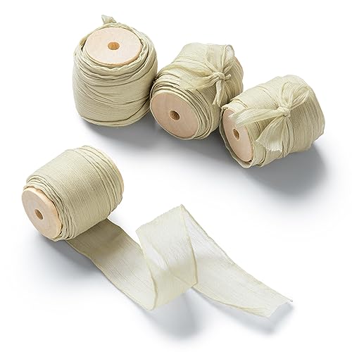 CHUQING Schleifenband Hochzeit 2,5 cm Chiffonband Geschenkband Breit Stoffband Beige Creme Dekoband Stoffband für Geschenk, Basteln, Nähprojekte, Haarschleifen, Brautstrauß von CHUQING