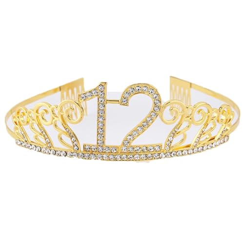 CHUYIX Geburtstag Krone Gold-12 Zahlen Happy Birthday Krone mit Kamm Strass Kristall Krone Haarreif mit Zahl Geburtstag Tiara Geburtstag Crown für Geburtstag Party Favor Supplies Tortenkrone(59#) von CHUYIX