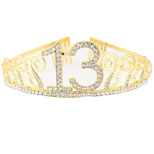 CHUYIX Geburtstag Krone Gold-13 Zahlen Happy Birthday Krone mit Kamm Strass Kristall Krone Haarreif mit Zahl Geburtstag Tiara Geburtstag Crown für Geburtstag Party Favor Supplies Tortenkrone(53#) von CHUYIX