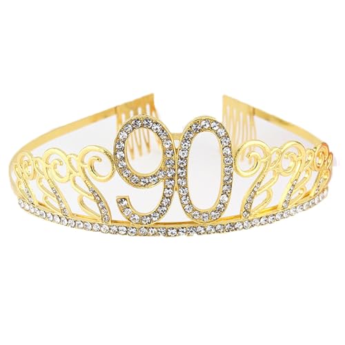 CHUYIX Geburtstag Krone Gold-90 Zahlen Happy Birthday Krone mit Kamm Strass Kristall Krone Haarreif mit Zahl Geburtstag Tiara Geburtstag Crown für Geburtstag Party Favor Supplies Tortenkrone(38#) von CHUYIX