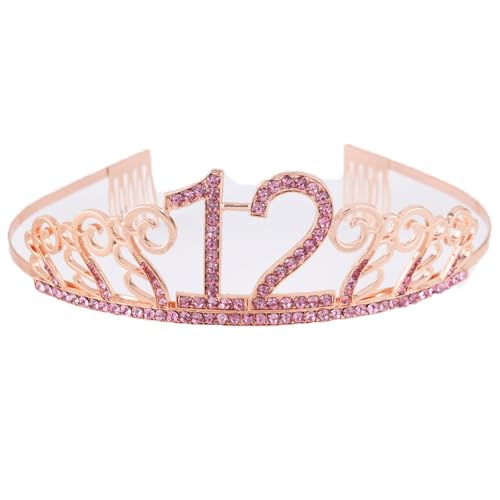 CHUYIX Geburtstag Krone RoseGold-12 Zahlen Happy Birthday Krone mit Kamm Strass Kristall Krone Haarreif mit Zahl Geburtstag Tiara Geburtstag Crown für Geburtstag Party Favor Supplies Tortenkrone(60#) von CHUYIX