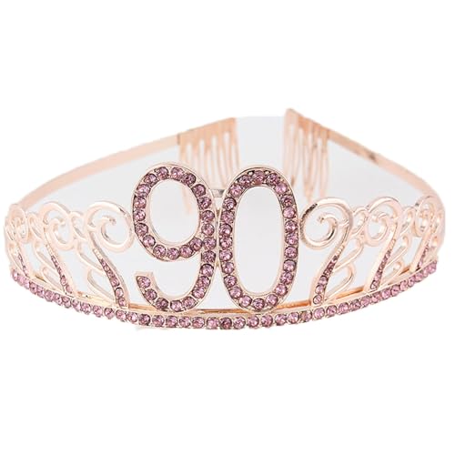 CHUYIX Geburtstag Krone RoseGold-90 Zahlen Happy Birthday Krone mit Kamm Strass Kristall Krone Haarreif mit Zahl Geburtstag Tiara Geburtstag Crown für Geburtstag Party Favor Supplies Tortenkrone(44#) von CHUYIX