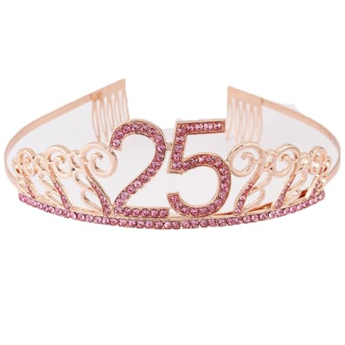 CHUYIX Geburtstag Krone Roségold-25 Zahlen Happy Birthday Krone mit Kamm Strass Kristall Krone Haarreif mit Zahl Geburtstag Tiara Geburtstag Crown für Geburtstag Party Favor Supplies Tortenkrone(64#) von CHUYIX