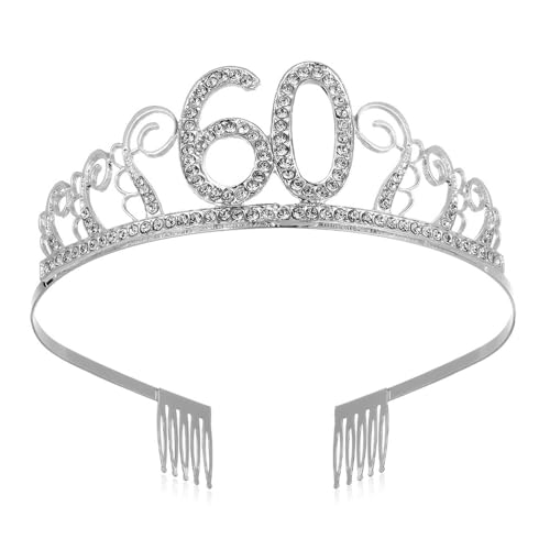 CHUYIX Geburtstag Krone Silber-60 Zahlen Happy Birthday Krone mit Kamm Strass Kristall Krone Haarreif mit Zahl Geburtstag Tiara Geburtstag Crown für Geburtstag Party Favor Supplies Tortenkrone(25#) von CHUYIX