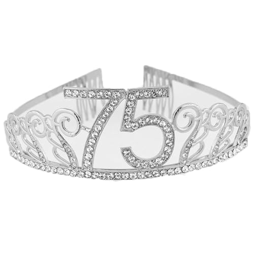 CHUYIX Geburtstag Krone Silber 75 Zahlen Happy Birthday Krone mit Kamm Strass Kristall Krone Haarreif mit Zahl Geburtstag Tiara Geburtstag Crown für Geburtstag Party Favor Supplies Tortenkrone(65#) von CHUYIX