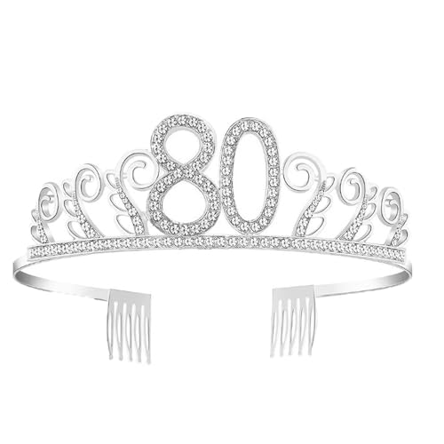 CHUYIX Geburtstag Krone Silber-80 Zahlen Happy Birthday Krone mit Kamm Strass Kristall Krone Haarreif mit Zahl Geburtstag Tiara Geburtstag Crown für Geburtstag Party Favor Supplies Tortenkrone(26#) von CHUYIX