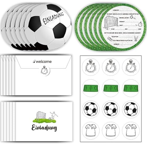 12Pcs Fußball Einladungskarten Kindergeburtstag,12Pcs Fußball-Umschläge,12Pcs Fußball-Logos,Rund Einladung zum Kinder Geburtstag Party,Einladungskarten Kindergeburtstag Junge,für Geburtstage,Partys von CHmiss