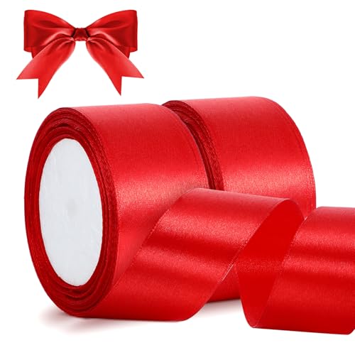 2 Rolln Schleifenband Rot,22m X 38mm Satinband Rot,Hochzeit Geschenkband Breit Dekoband,Geschenkbänder Stoffband für Geschenkverpackung Basteln Blumen Deko von CIATBYYJ