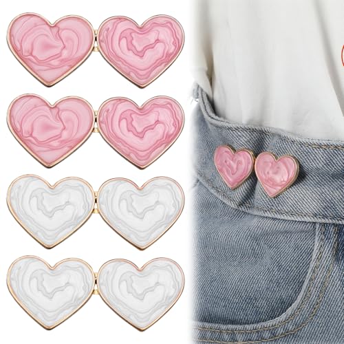 Hosen-Taillenstrumpfhose, verstellbare Herz-Jeansknöpfe für lose Jeans, kein Nähen erforderlich, Hosenclips für Taillenstraffer, Knopfnadeln für Hosen (Rosa und Weiß), 4 Paar von CIATBYYJ