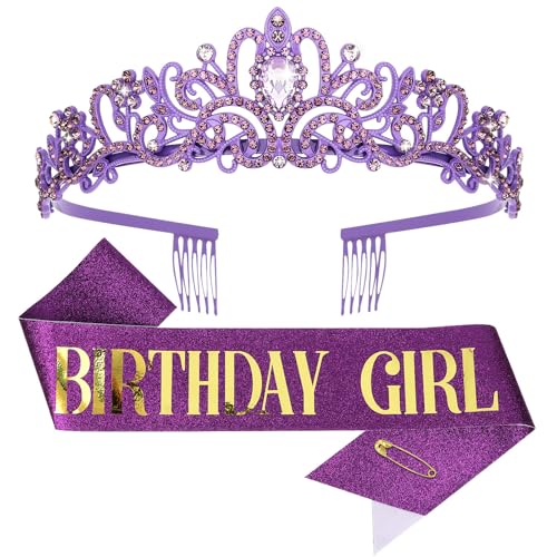 CIEHER Lila Geburtstag Mädchen Schärpe & Geburtstag Krone Kit, Lila Geburtstag Dekorationen Geburtstagsgeschenke für Frauen Mädchen von CIEHER