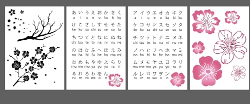 CIEMODA 4-teiliges japanisches Hiragana-Katakana-Alphabet-Schablonen-Set, Sakura-Schablonenfolie für Bullet Journaling, Holzschnitzerei, Zeichnungen, Holzverbrennung, Gravur und Scrapbooking-Projekte, von CIEMODA