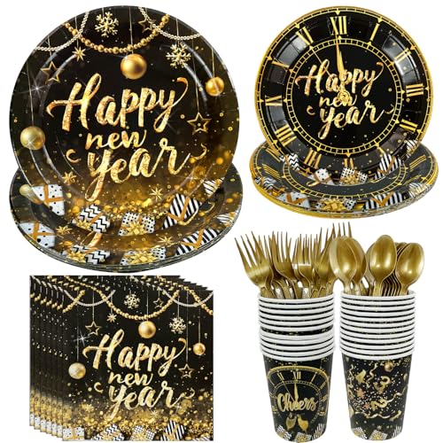 144 Stück Happy New Year Party Supplies Geschirr-Set, 2025 Neujahr Einweg-Pappteller Servietten für Silvesterparty von CIEOVO