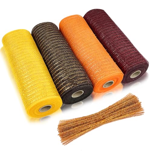 4 Rollen Thanksgiving-Poly-Mesh-Band, mit Drahtrand, Poly-Dekor, Netzband, 100 Chenille-Stiele, Pfeifenreiniger, Bastelstiele für Halloween, Ernte, Blumen, Herbst, Basteln, Kränze, Dekorieren von CIEOVO