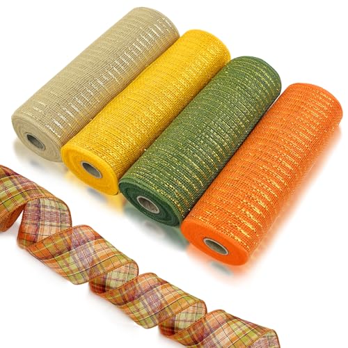 5 Rollen Thanksgiving Day Herbst Mesh Band Sackleinen Draht Poly Sackleinen Mesh mit Plaid Band für Halloween Thanksgiving Herbst Bauernhof Ernte DIY Kränze Schleifen Dekoration von CIEOVO