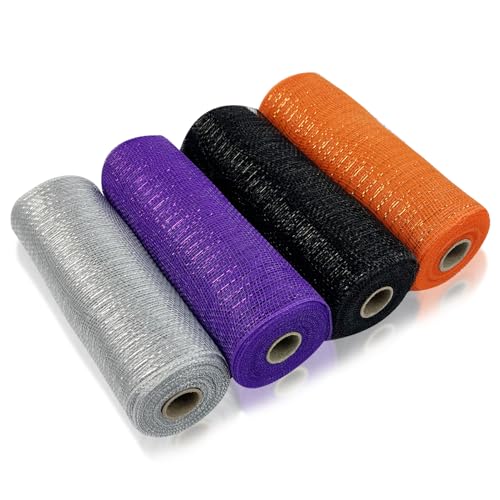 Cieovo 4 Rollen Halloween-Poly-Mesh-Band für Halloween, schwarz, silber, lila, orange, Drahtrand, 25,4 cm x 9,1 m, Poly-Dekor-Mesh-Band für Halloween, Basteln, Kränze, Dekorieren von CIEOVO