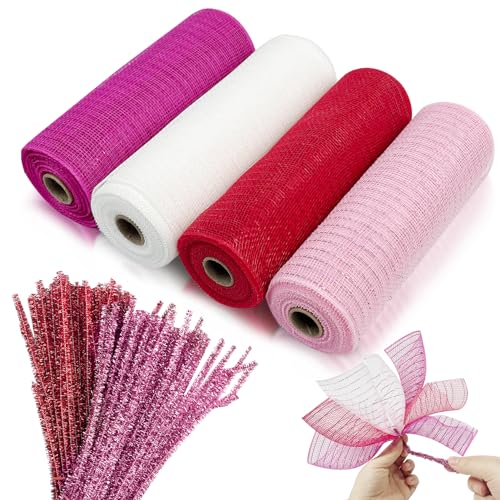 Cieovo 4 Rollen Valentinstag Poly Mesh Band Drahtrand Poly Deco Mesh Ribbon 100 Glitzer Pfeifenreiniger Bastelstiele für Valentinstag Kranz Handwerk Kränze Dekorieren von CIEOVO