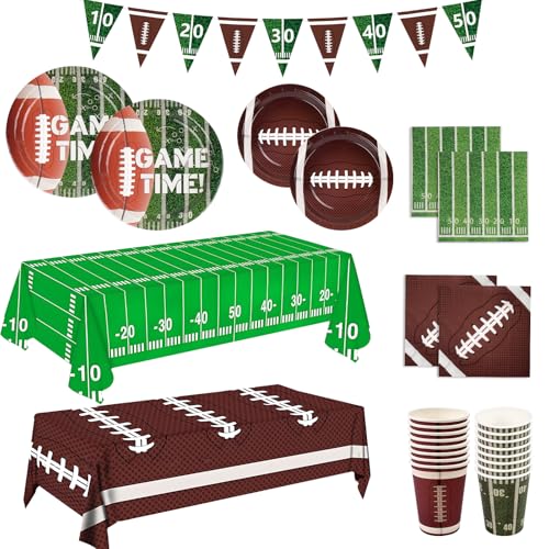 Fußball Party Supplies 99pcs Fußball Motto Party Dekorationen einschließlich Teller, Servietten, Becher, Banner und Tischdecke für Fußball Game Day Heckklappe Party Dekorationen, 24 Gäste von CIEOVO