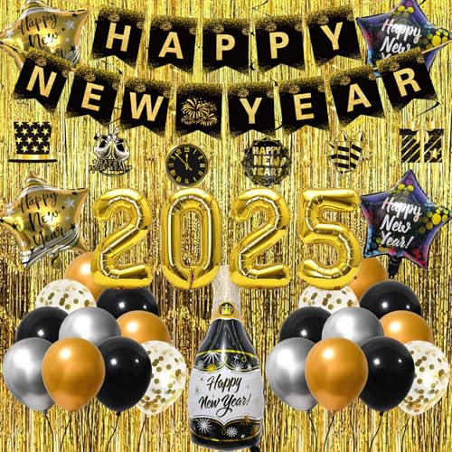 Happy New Year Dekorationen Set, Happy New Year Banner 2025 Folienballon Dekorationen Gold Fransen Hintergrund und Neujahr Spirale Ornamente für Silvester Party Dekorationen von CIEOVO