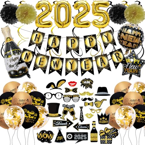 Happy New Year Party Decoration 2025 - Happy New Year Banner New Year Photo Props 2025 New Year Foil Balloon Spiral Swirl Streamers Ornaments Pom Poms for Silvester Party Décor von CIEOVO