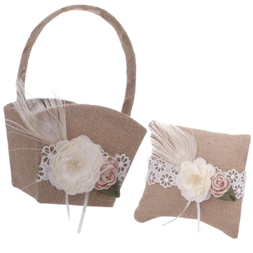 CIMAXIC 1 Satz Ringkissen Blumenkorb-set Dekoration Braut- Mädchen Rustikales Kissen Ringe Blumensträuße Hochzeitskorb Aus Jute Strauß Geflochtener Snackkorb Deckel Leinen Coffee von CIMAXIC