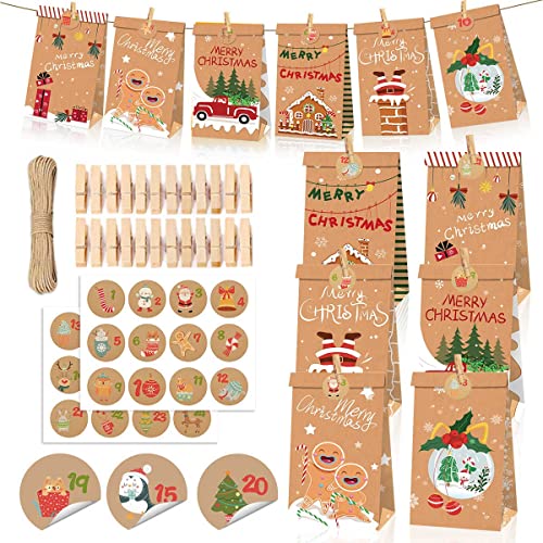 Adventskalender Zum Befüllen,24 Stück DIY Adventskalender, Weihnachtskalender Papiertüten mit Zahlen Aufkleber und Klammer,Kalender Geschenktüten Weihnachten von CINGHIA