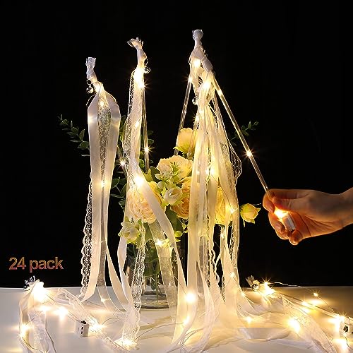 Wedding Wands mit LED Warmweiße Glowstick,Leuchtstäbe Set für Hochzeitsdeko Zauberstäbe Hochzeitsbändern Seidenfeenstab Luftschlangen mit Glocke fur Hochzeiten Geburtstage Weihnachten (white) von CISSIYOG