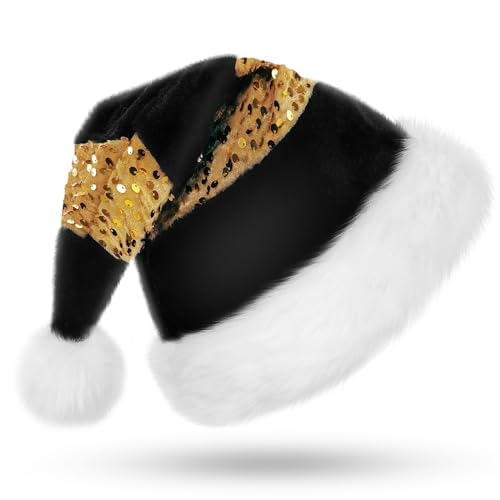 CITÉTOILE Erwachsene Weihnachtsmütze, Spleißstreifen mit Goldstickerei, verdickte Winter Weihnachtshut mit Plüsch Ball, Unisex Nikolausmütze, Schwarz von CITÉTOILE