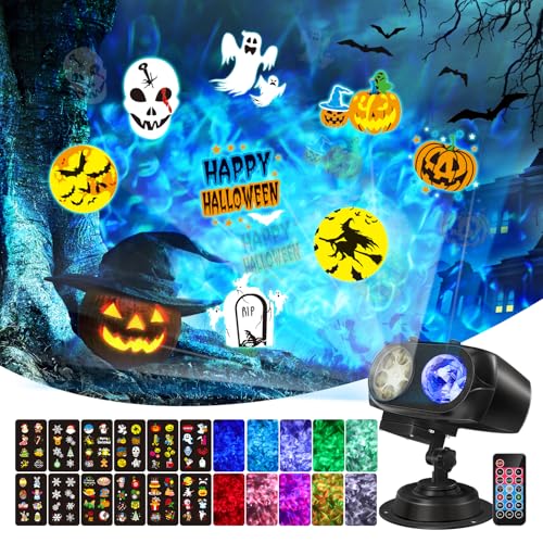 Halloween Projektor, Halloween Deko Outdoor Projektor, 2-in-1 LED Projektionslampe außen Innen für Halloween Weihnachten, 12 Rutschen und 10 Farben der Wasserwelle von CIXMUS