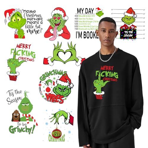 Weihnachts-Bügelbild für T-Shirts, Cartoon-Charaktere, Weihnachts-Wärmetransfer-Vinyl, schöne grüne Monster-Wärmetransfer-Aufkleber zum Aufbügeln für T-Shirts, Kapuzenpullover, DIY-Handwerk von CIYAOO