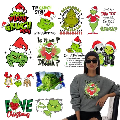 Weihnachts-Bügelbild für T-Shirts, niedliches grünes Monster, Weihnachten, Wärmetransfer-Vinyl, schöne Mädchen-Welpen-Wärmetransfer-Aufkleber zum Aufbügeln für T-Shirts, Kapuzenpullover, DIY-Handwerk von CIYAOO