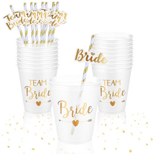 CIYIN Braut und Team Braut Tassen 12 Stück, Team Bride Becher und Strohhalme, JGA Cups Bride Tribe Becher, Bachelorette Party Cups, Team Braut Schnapsgläser Becher Bride to be Deko, 450ml von CIYIN