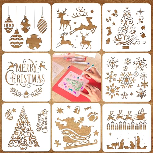 Weihnachten Schablonen, CIYIN 8 Stück Kunststoff Zeichenschablonen Malschablonen, Wiederverwendbar Stencil Schablonen, Weihnachtsbaum Weihnachtsmann Schneeflocke Elch Vorlage für DIY Dekoration von CIYIN