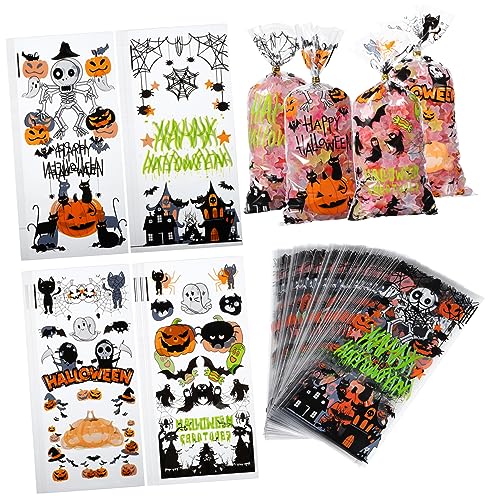 CIYODO 120 Stück Halloween-süßigkeitstüten Aus Kunststoff Für Leckereien, Verpackungstüten, Halloween-leckereitüten Mit Bändern von CIYODO