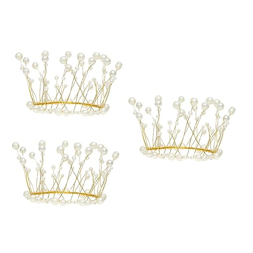 CIYODO 3 Stücke Kronenkuchen Dekorieren Tiara-kuchendekorationen Perlen Tiara Stirnband Feenkrone Kuchendekor Cupcake-kuchen-topper Kuchendeckel Mit Perlenkrone Golden Metall von CIYODO