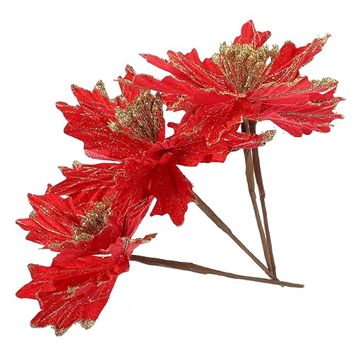 CIYODO 4 Stück weihnachtsdeko weihnachtsblumen künstlich Tannenbaum Dekoration weihnachtbaumsdeko Christmas Tree Decoration künstliche weihnachtsblume Weihnachtsblumendekoration Tuch rot von CIYODO