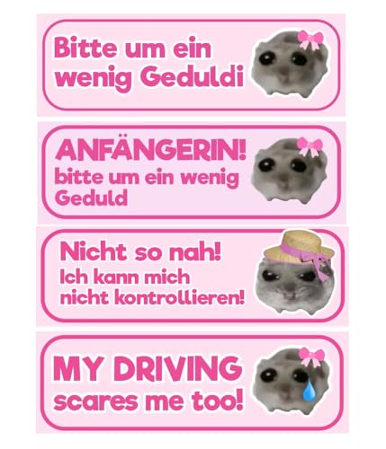 CJ&M 4 Stück Sad Hamster Auto Aufkleber,Fahranfänger Schild, lustig | Beste Freundin Geschenk, Lustiger Sticker für Fahrer, Führerschein Geschenkidee, wasserfest, UV-beständig, pink von CJ&M