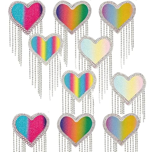 10 x Regenbogen-Herz-Quastenketten-Aufnäher mit Strass-Bordüre, bunte Liebes-Applikationen für Handwerk, DIY-Zubehör, Kleidung, Reparatur, Hut, Tasche, Dekoration von CJKDXDH