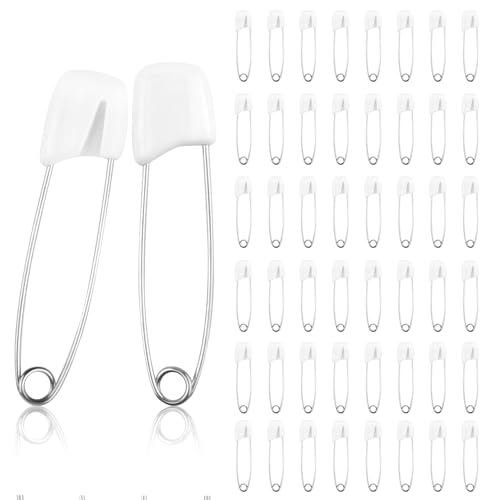 CJMUQHEHH 50 Stück Sicherheitsnadeln für Babys, 55mm Sicherheitsnadeln Groß mit Verriegeln Verschluss,Robuste Sicherheitsnadel Edelstahl mit Kunststoffverschluss Safety Pins für Windeln,Kleidung, Weiß von CJMUQHEHH