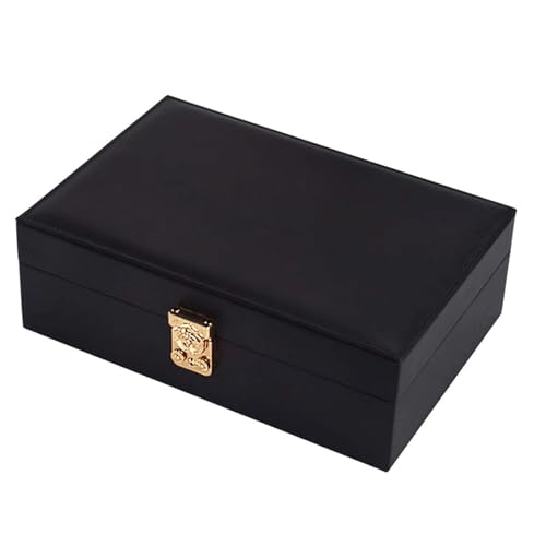 CJPXWCLC Schmuckschatulle, tragbare Schmuckschatulle, Pu-Schmucketui mit Schloss, Reise-Schmuck-Organizer-Box für Frauen und Mädchen, Halskette, Schmuck-Aufbewahrungsbox, exquisit, schwarz von CJPXWCLC