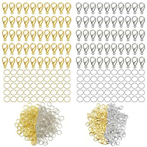 700 Stück Karabinerverschlüsse und offene Binderinge Set, 200 Stück 12 mm Karabinerverschlüsse Halsketten-Verschlüsse Haken und 500 Stück 5 mm Biegeringe für DIY Armband Halskette Schmuckherstellung von CKANDAY