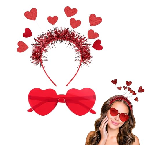 CKCSHI Herz Stirnband & Herz Brille, Glitzer Herz Haarband, Rot Herz Randlose Sonnenbrille, Valentinstag Herz Stirnband, Valentinstag Herz Brille & Stirnband für Hochzeit Valentinstag Party von CKCSHI