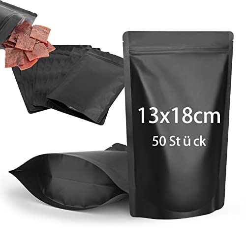 CANLENPK 50 Stück Wiederverschließbare Mylar Beutel,Standboden Beutel,Reißverschluss Folien Tasche,Lebensmittel Aufbewahrung, Matte Aluminiumfolie Hitzeversiegelbare Myla Bag(Schwarze,13 x 18 cm) von CL CANLENPK