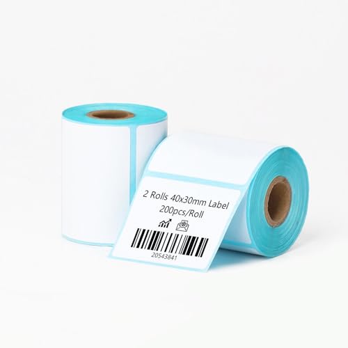 CLABEL 2 Rollen Weiß 40x30mm Etikettenband für 221B 220B 230B 320B Etikettendrucker selbstklebend Thermo Etiketten für Etikettiergerät Ersatz für Zuhause Barcode, 200 Etiketten/Rolle(1,57"x1,18") von CLABEL