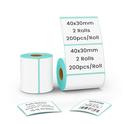 CLABEL 2 Rollen Weiß 40x30mm Etikettenband für 221B 220B 230B 320B Etikettendrucker selbstklebend Thermo Etiketten für Etikettiergerät Ersatz für Zuhause Barcode, 200 Etiketten/Rolle(1,57"x1,18") von CLABEL