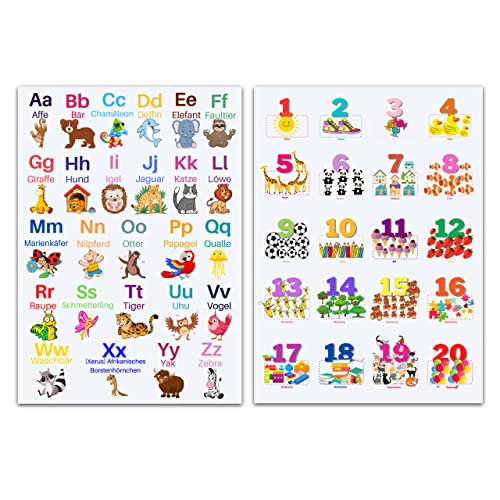 CLEAN SPORTS® Alphabet und Zahlen DinA1 Lernposter für Kinder - ABC und Zahlen von 1 bis 20 lernen mit zwei großen 59,4cm x 84,1cm Poster für´s Kinderzimmer - Kinderposter Tiere lernen von CLEAN SPORTS