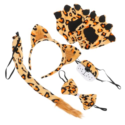 CLISPEED Leopard Kostüm Mit Ohren Stirnband Fliege Und Handschuhen Teiliges Cosplay Zubehör Für Tier Rollenspiel Und Kostümparty Pelzige Leopardenohren von CLISPEED