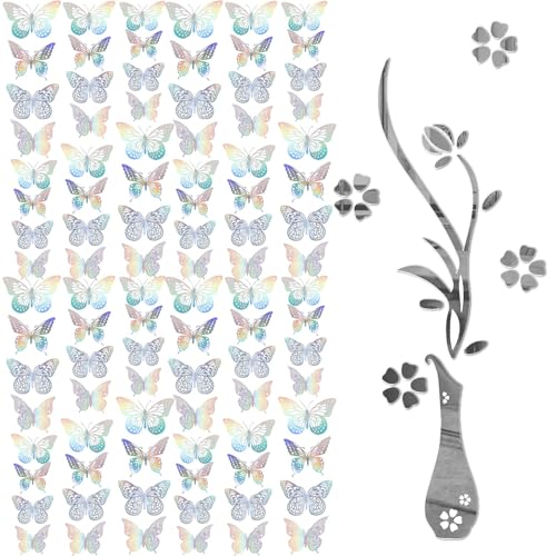 CLKE 48 Stück Bunter Laser Schmetterling Deko, 3D Butterfly Wandsticker, Schmetterlinge Deko, mit 3D Blumen Spiegel Wandaufkleber, DIY-Wanddekoration für TV Hintergrund und Sofa-Hintergrund von CLKE